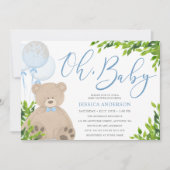 Teddy Bear Blue Balloon Greenery Boy Baby shower Kaart (Voorkant)