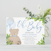 Teddy Bear Blue Balloon Greenery Boy Baby shower Kaart (Staand voorkant)