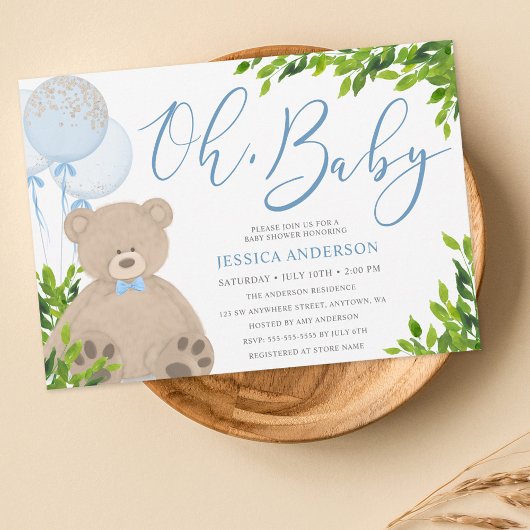 Teddy Bear Blue Balloon Greenery Boy Baby shower Kaart