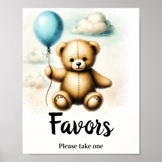Teddy Bear Blue Balloon Verjaardag voorkeursbord Poster (Voorkant)