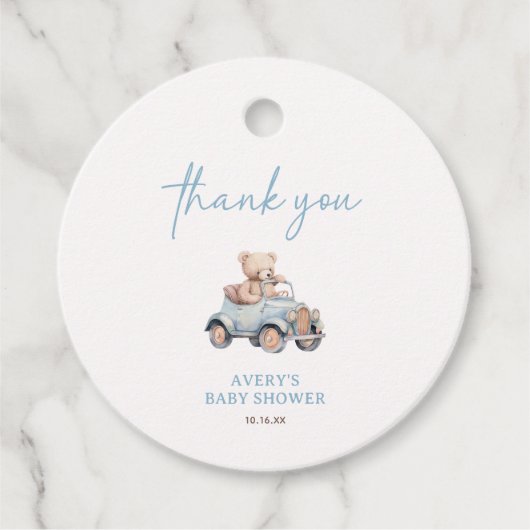 Teddy Bear Blue Balloon Wake Baby shower Bedankjes Labels (Voorkant)