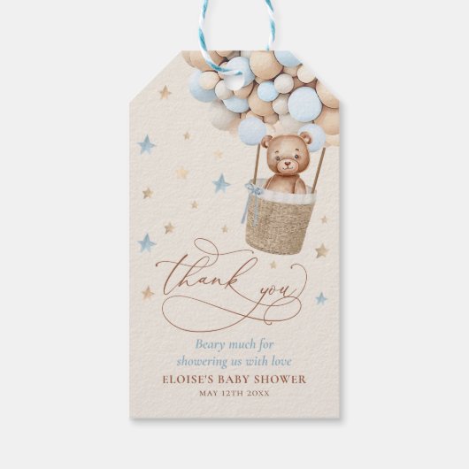 Teddy Bear Blue Balloon Wake Baby shower Cadeaulabel (Achterkant)