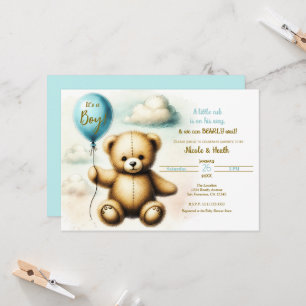 Teddy Bear Blue Balloon Wake Baby shower Kaart