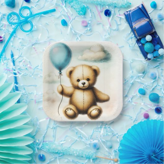 Teddy Bear Blue Balloon Wake Baby shower Papieren Bordje (Feest)