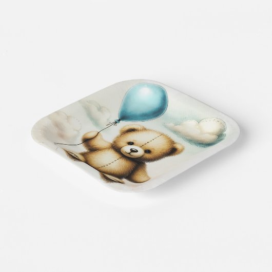 Teddy Bear Blue Balloon Wake Baby shower Papieren Bordje (Gebogen)