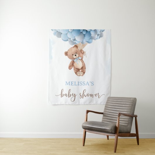 Teddy Bear Blue Balloon Wake Baby shower Wandkleed (In situ)