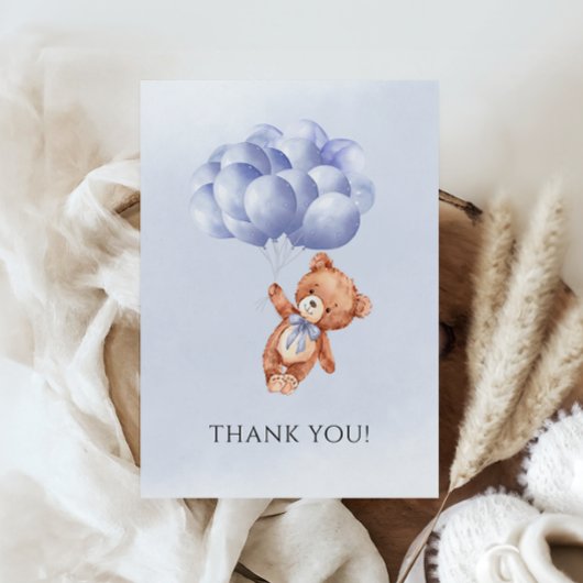 Teddy Bear Blue Balloon Waterverf Boy Baby shower Bedankkaart