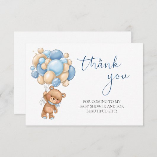 Teddy Bear Blue Balloons Baby shower Dank u Informatiekaartje (Voorkant / Achterkant)