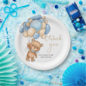 Teddy Bear Blue Balloons Baby shower Dank u Papieren Bordje (Feest)