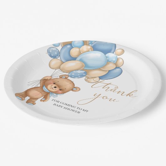 Teddy Bear Blue Balloons Baby shower Dank u Papieren Bordje (Gekanteld)