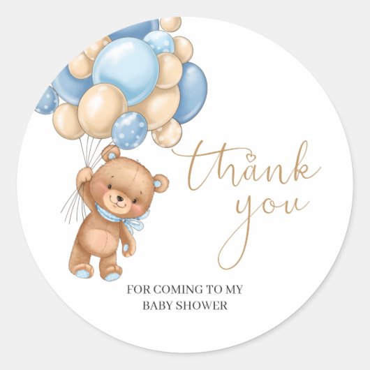 Teddy Bear Blue Balloons Baby shower Dank u Ronde Sticker (Voorkant)