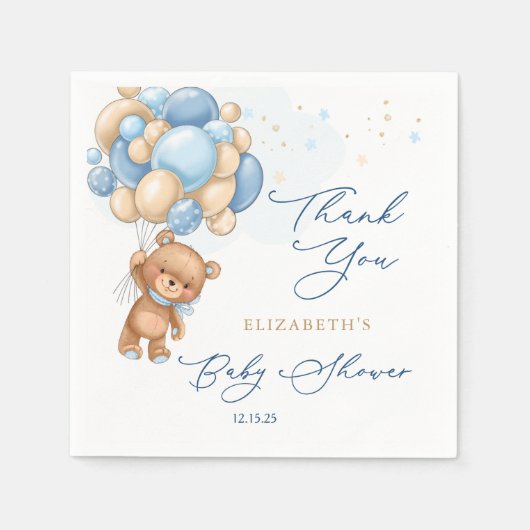 Teddy Bear Blue Balloons Baby shower Dank u Servet (Voorkant)
