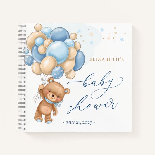 Teddy Bear Blue Balloons Baby shower Guest Book Notitieboek (Voorkant)