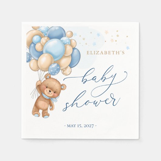 Teddy Bear Blue Balloons Baby shower Napkins Servet (Voorkant)