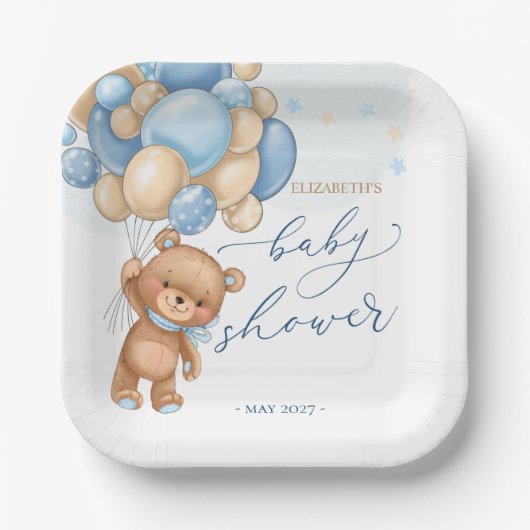 Teddy Bear Blue Balloons Baby shower Papieren Bord (Voorkant)