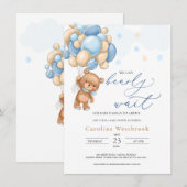 Teddy Bear Blue Balloons Baby shower Uitnodiging (Voorkant / Achterkant)