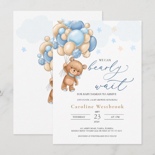 Teddy Bear Blue Balloons Baby shower Uitnodiging (Voorkant / Achterkant)