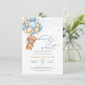 Teddy Bear Blue Balloons Baby shower Uitnodiging (Staand voorkant)