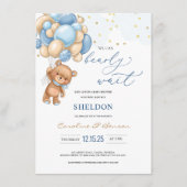Teddy Bear Blue Balloons Baby shower Uitnodiging Informatiekaartje (Voorkant)