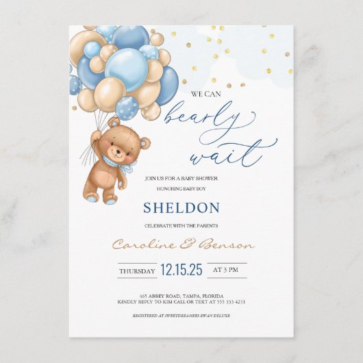 Teddy Bear Blue Balloons Baby shower Uitnodiging Informatiekaartje (Voorkant)
