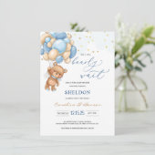 Teddy Bear Blue Balloons Baby shower Uitnodiging Informatiekaartje (Staand voorkant)