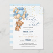 Teddy Bear Blue Balloons Baby shower Uitnodiging Informatiekaartje (Voorkant / Achterkant)