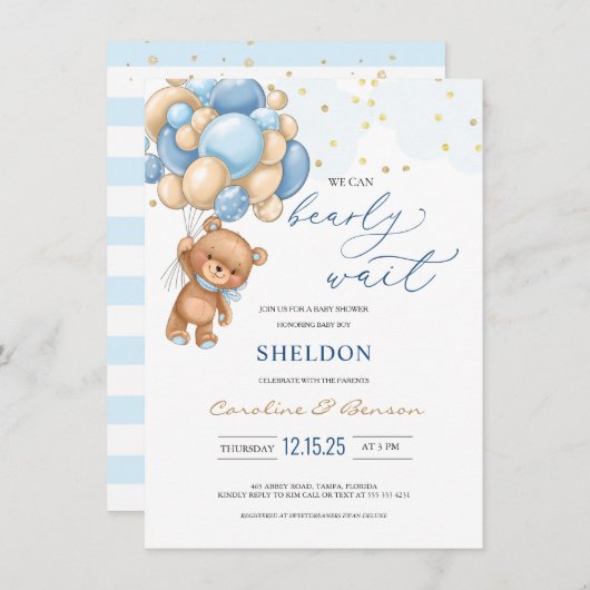 Teddy Bear Blue Balloons Baby shower Uitnodiging Informatiekaartje (Voorkant / Achterkant)