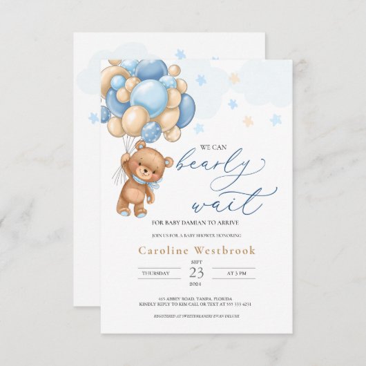 Teddy Bear Blue Balloons Baby shower Uitnodiging Informatiekaartje (Voorkant / Achterkant)