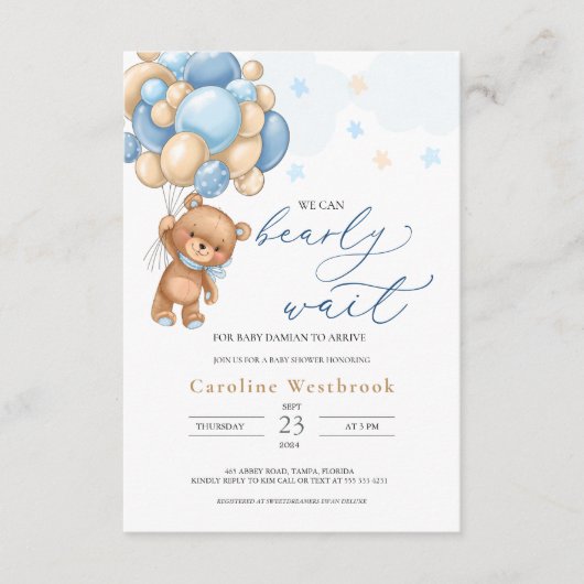Teddy Bear Blue Balloons Baby shower Uitnodiging Informatiekaartje (Voorkant)