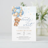 Teddy Bear Blue Balloons Baby shower Uitnodiging Informatiekaartje (Staand voorkant)