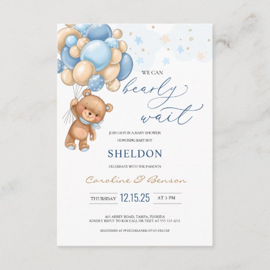Teddy Bear Blue Balloons Baby shower Uitnodiging Informatiekaartje (Voorkant)