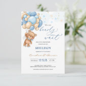 Teddy Bear Blue Balloons Baby shower Uitnodiging Informatiekaartje (Staand voorkant)