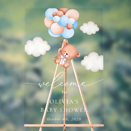 Teddy Bear, Blue Balloons, Baby shower Welcome Acryl Bord (Neutraal)