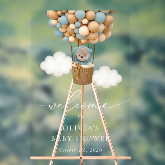 Teddy Bear, Blue Balloons, Baby shower Welcome Acryl Bord (Neutraal)