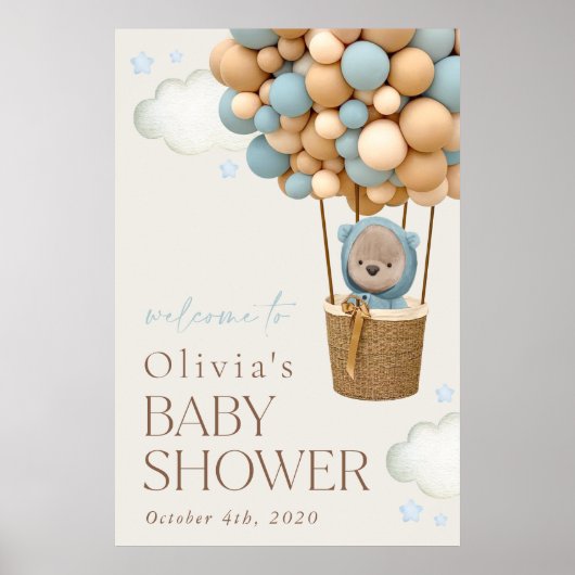 Teddy Bear, Blue Balloons, Baby shower Welcome Poster (Voorkant)