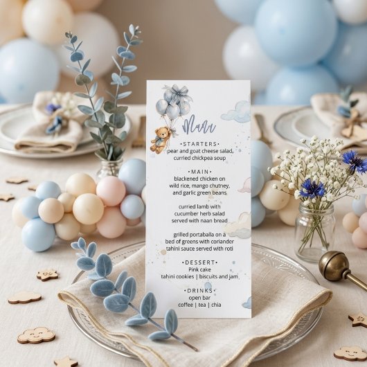 Teddy Bear Blue Balloons Blue Bow Clouds Baby Boy Menu