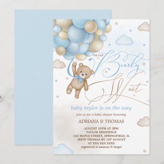 Teddy Bear Blue Balloons Boy Baby shower Kaart (Voorkant / Achterkant)