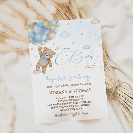 Teddy Bear Blue Balloons Boy Baby shower Kaart