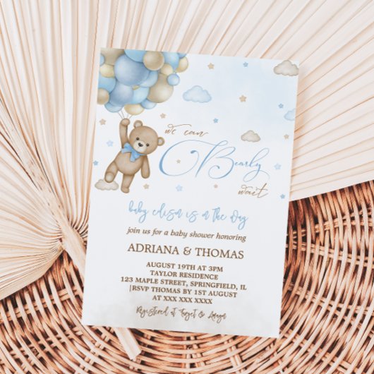 Teddy Bear Blue Balloons Boy Baby shower Kaart