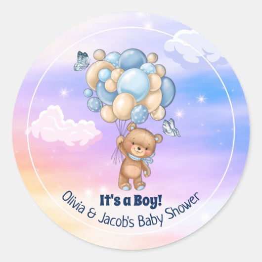 Teddy Bear Blue Balloons Boy Baby shower Ronde Sticker (Voorkant)