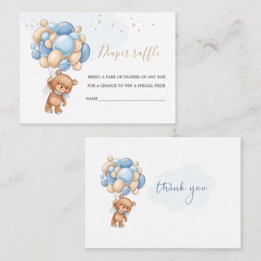 Teddy Bear Blue Balloons Diaper Raffle Informatiekaartje (Voorkant / Achterkant)