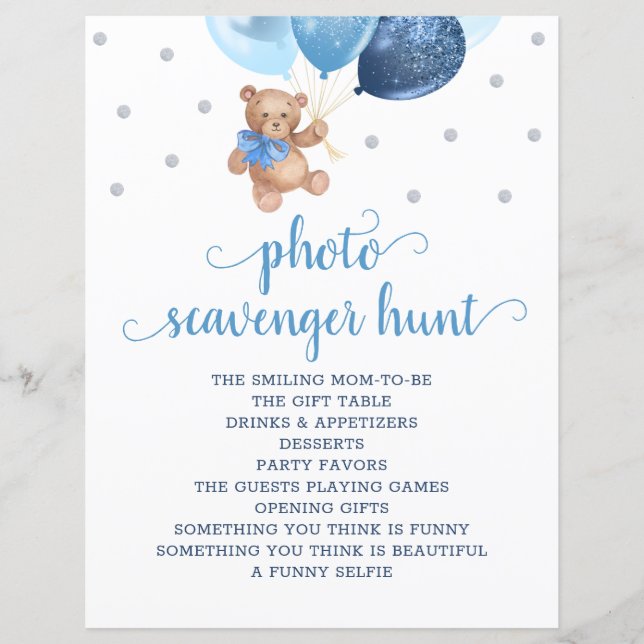 Teddy Bear Blue Balloons Foto Scavenger Hunt Game (Voorkant)