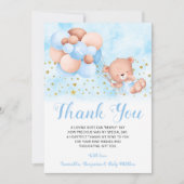 Teddy Bear Blue Balloons Gold Stars Baptisme Bedankkaart (Voorkant)