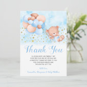 Teddy Bear Blue Balloons Gold Stars Baptisme Bedankkaart (Staand voorkant)