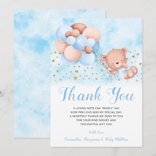 Teddy Bear Blue Balloons Gold Stars Baptisme Bedankkaart (Voorkant / Achterkant)