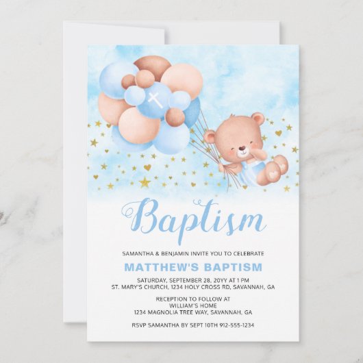 Teddy Bear Blue Balloons Gold Stars Baptisme Kaart (Voorkant)