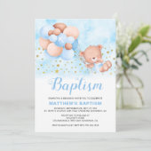 Teddy Bear Blue Balloons Gold Stars Baptisme Kaart (Staand voorkant)