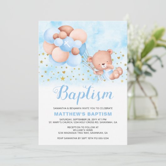 Teddy Bear Blue Balloons Gold Stars Baptisme Kaart (Staand voorkant)