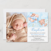 Teddy Bear Blue Balloons Gold Stars Foto Baptisme Kaart (Voorkant)