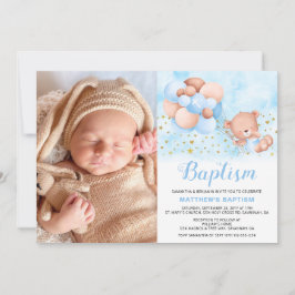 Teddy Bear Blue Balloons Gold Stars Foto Baptisme Kaart